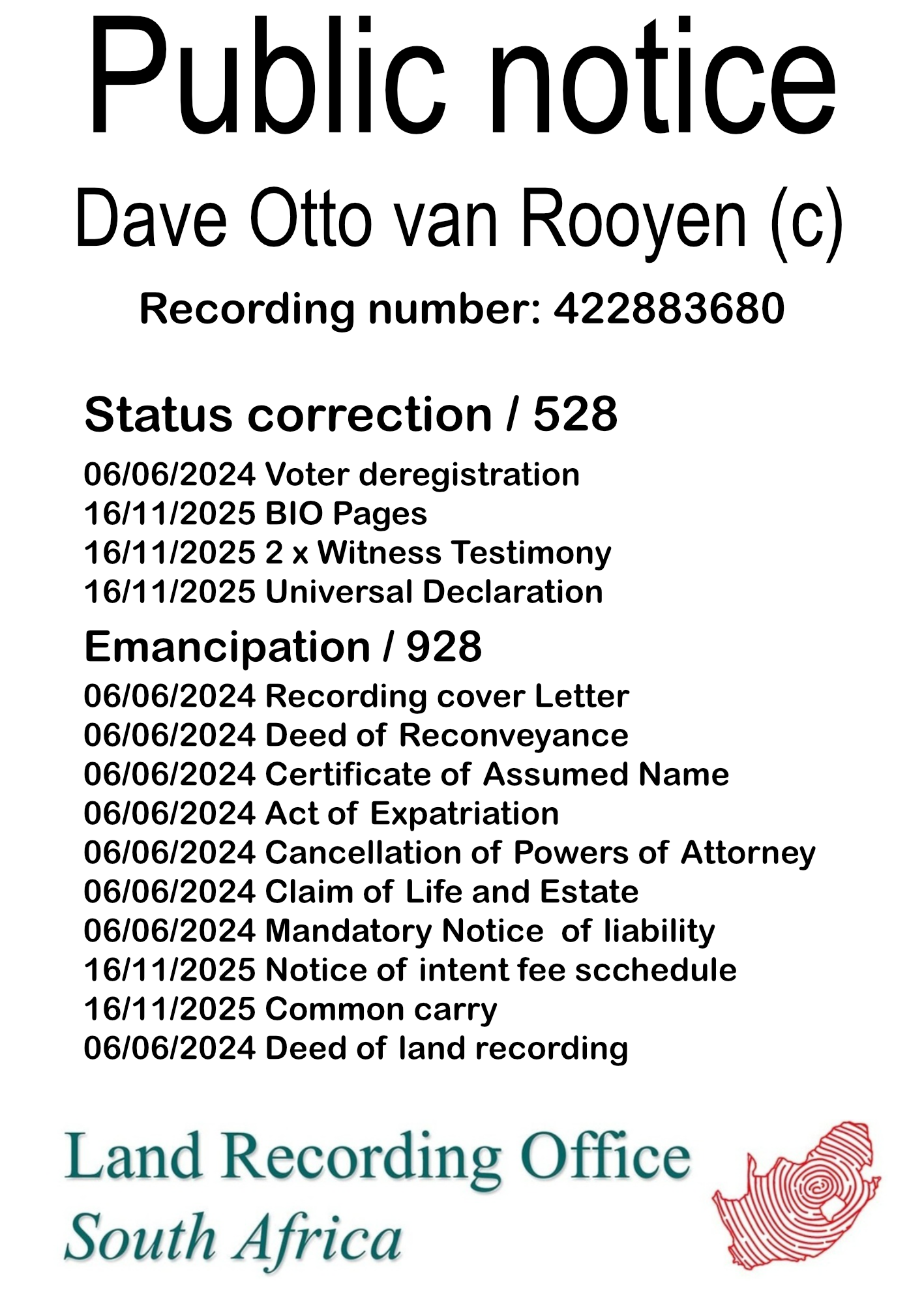 Public notice Dave Otto van Rooyen Recording number 422883680